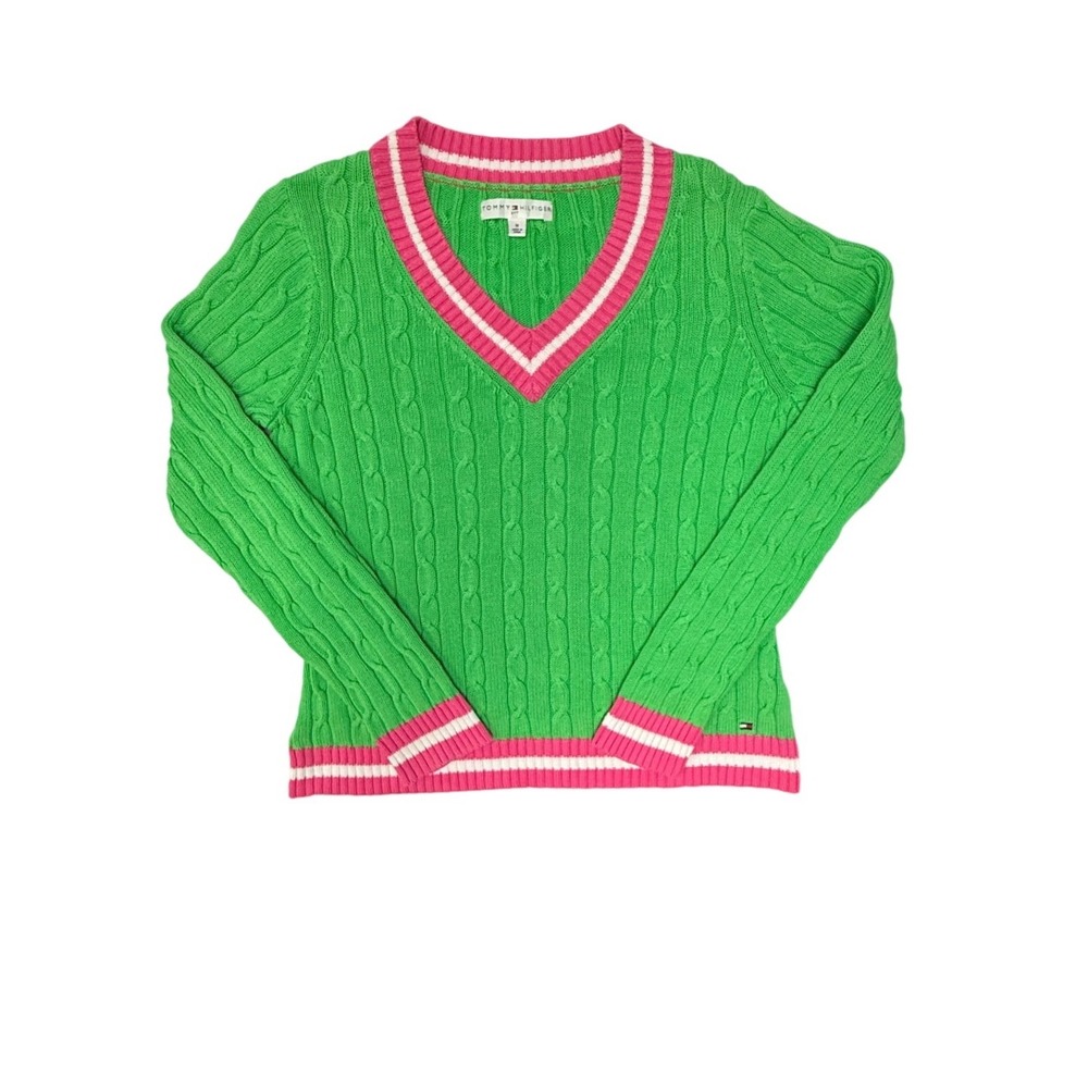 Tommy Hilfiger Golf Green Cable Knit V-Neck Sweater Pink White Trim Medium
